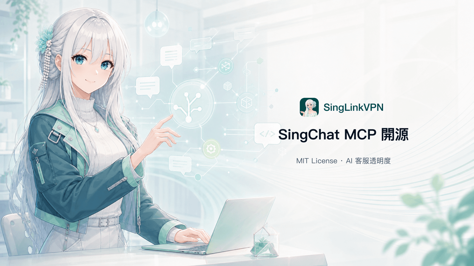 SingChat MCP開源封面，星連VPN銀白長髮藍眼品牌人物身穿青綠色開發者外套，在聊天氣泡、MCP節點與開放原始碼網路旁操作筆記型電腦