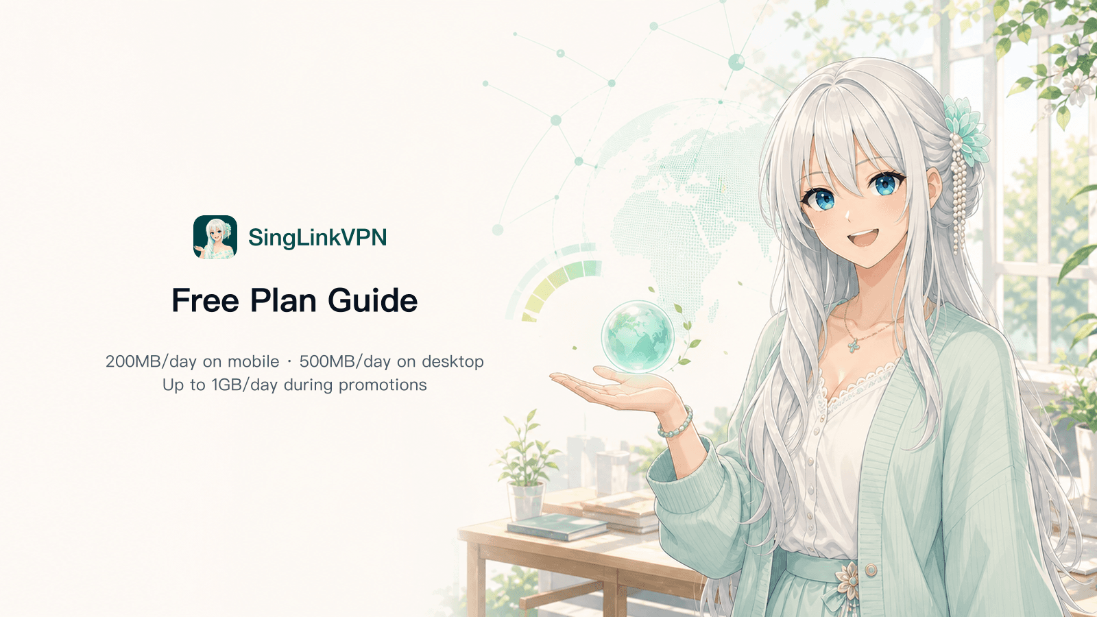 SingLinkVPN free plan guide cover: 200MB per day on mobile, 500MB per day on desktop, and up to 1GB during promotions