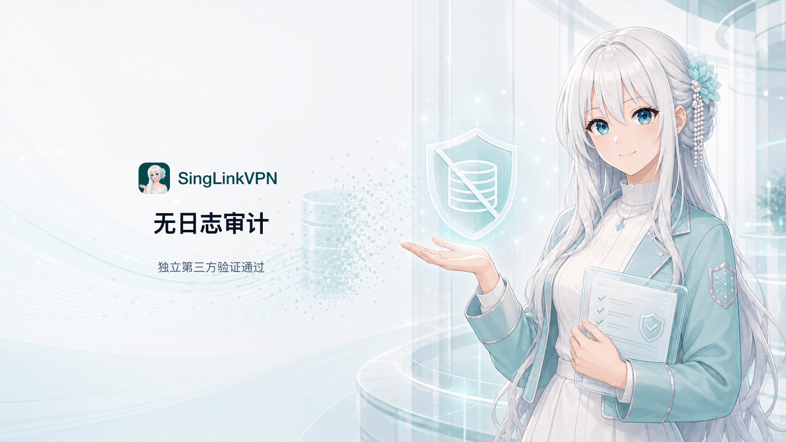 星连VPN 2026无日志审计封面，银白长发蓝眼品牌人物在无日志盾牌及消散的数据记录旁展示独立第三方验证结果
