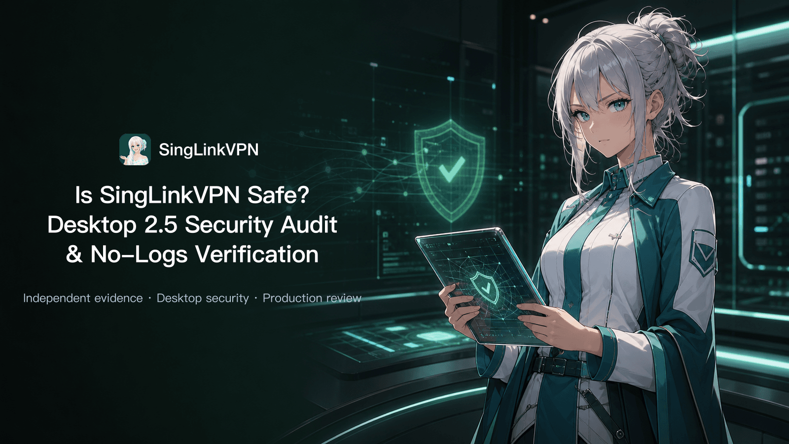 SingLinkVPN desktop 2.5 security and no-logs audit cover showing its silver-white-haired, blue-eyed heroine reviewing verification results beside a security shield and dissolving data traces