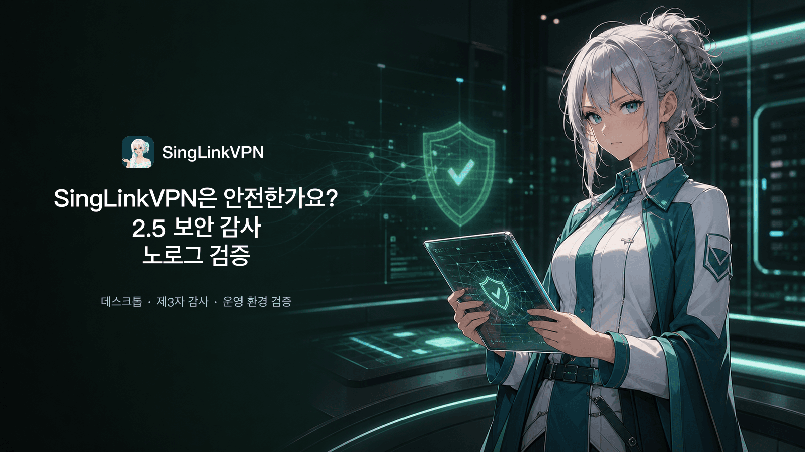 보안 방패와 사라지는 데이터 기록 옆에서 은백색 머리와 파란 눈의 브랜드 캐릭터가 검증 결과를 확인하는 SingLinkVPN 2.5 감사 표지
