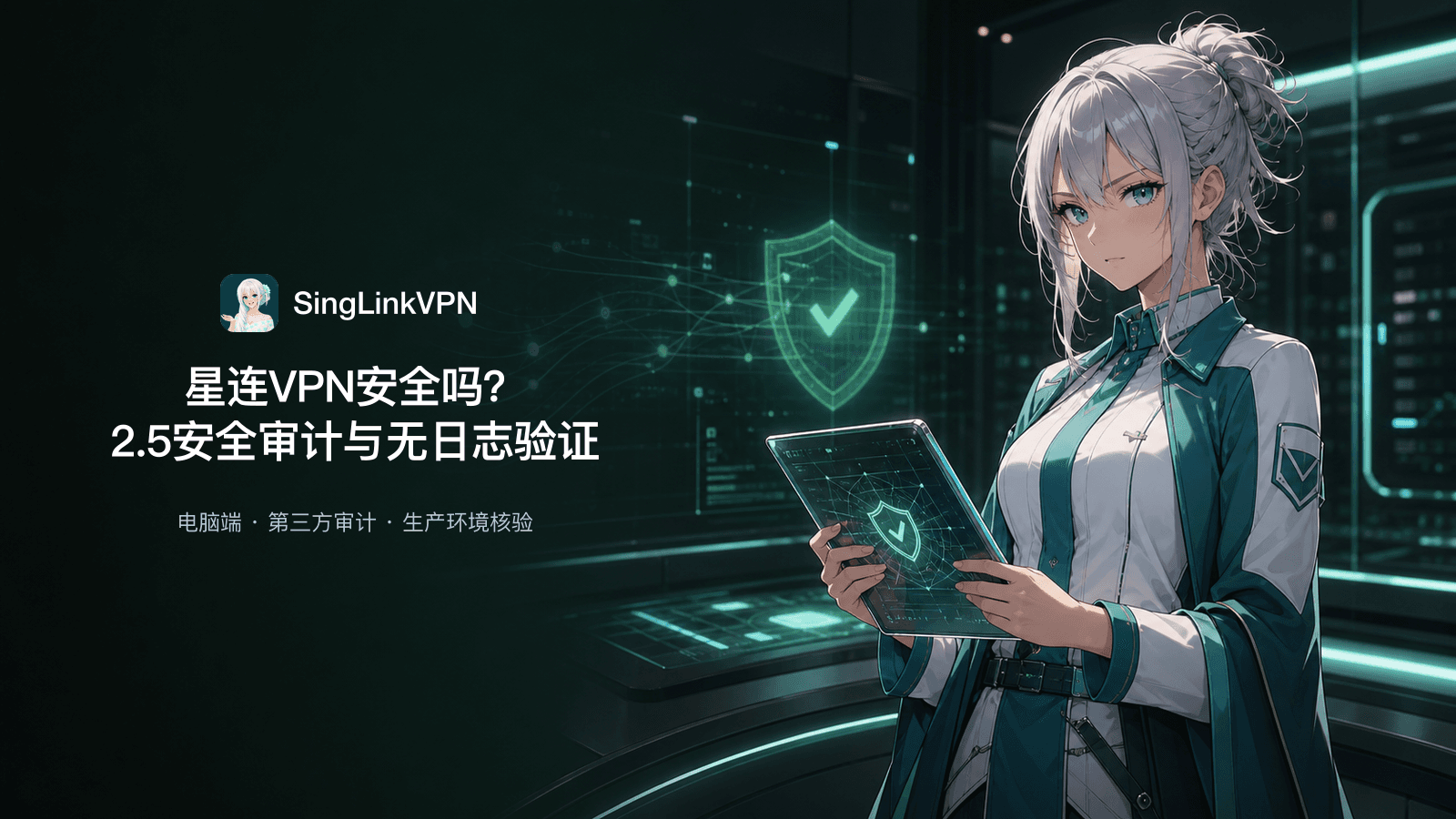 星连VPN电脑端2.5安全审计与无日志验证封面，银白发蓝眼品牌人物在安全盾牌和消散的数据记录旁查看核验结果