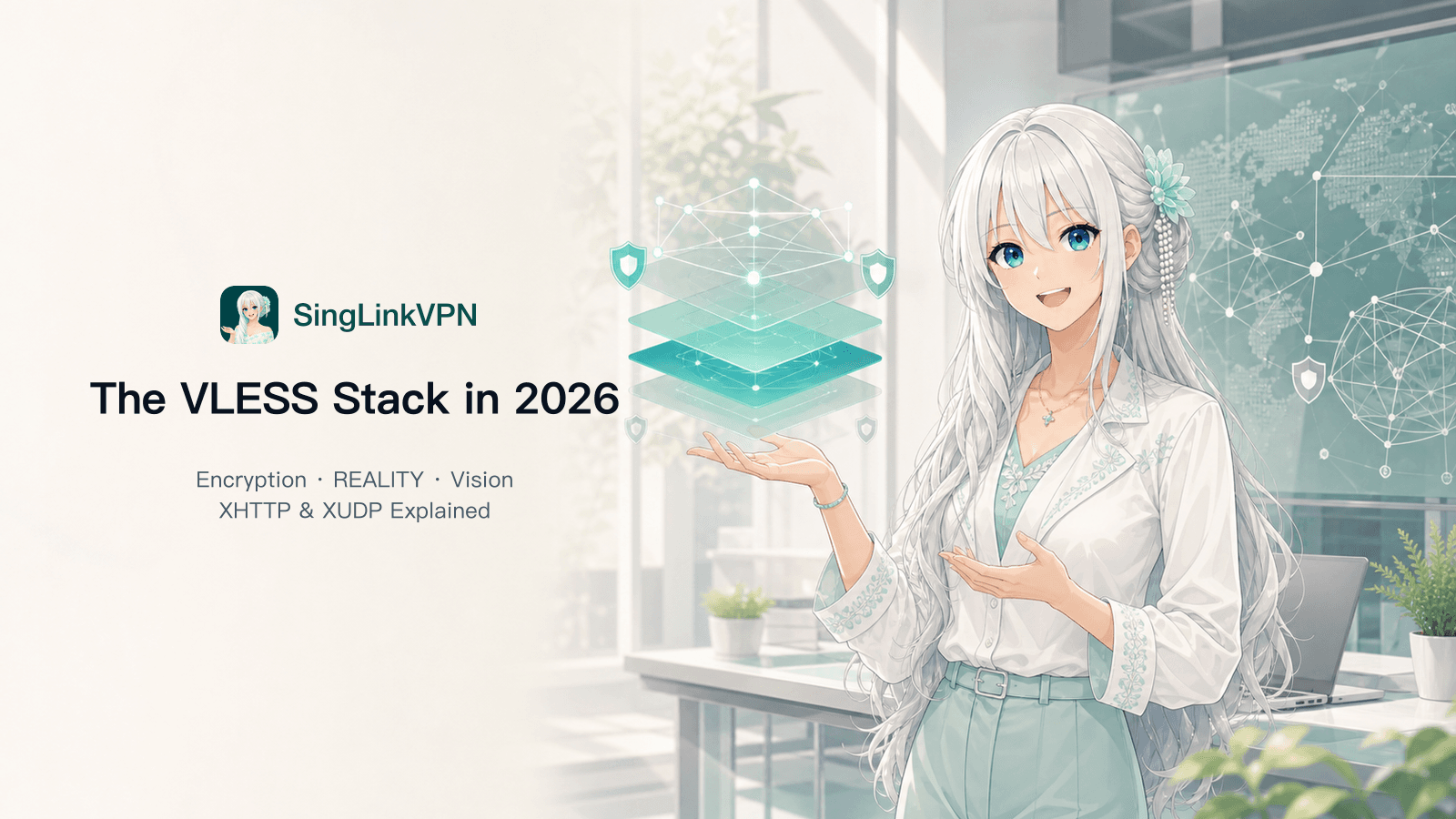 The VLESS stack in 2026, illustrating the layers of VLESS Encryption, REALITY, XTLS Vision, XHTTP, and XUDP