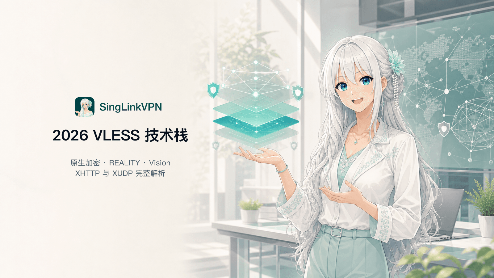 2026 VLESS技术栈解析封面，展示VLESS Encryption、REALITY、XTLS Vision、XHTTP与XUDP分层结构