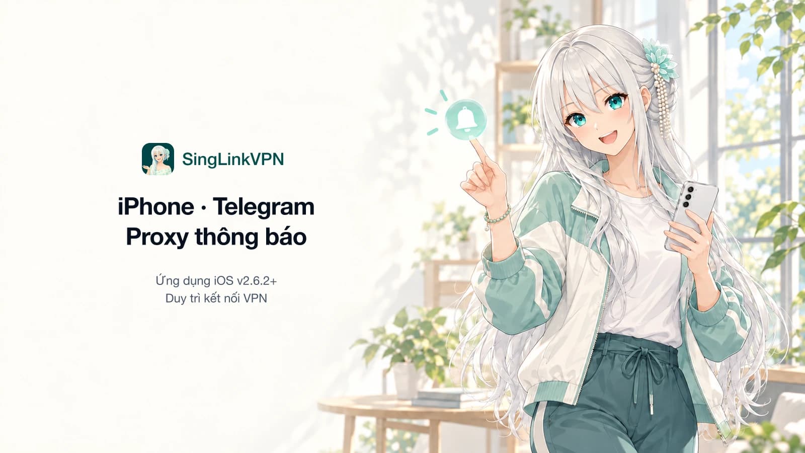 Nhân vật thương hiệu SingLinkVPN tóc bạc, mắt xanh ngọc cầm điện thoại bên cạnh tiêu đề hướng dẫn cài đặt proxy thông báo Telegram trên iPhone