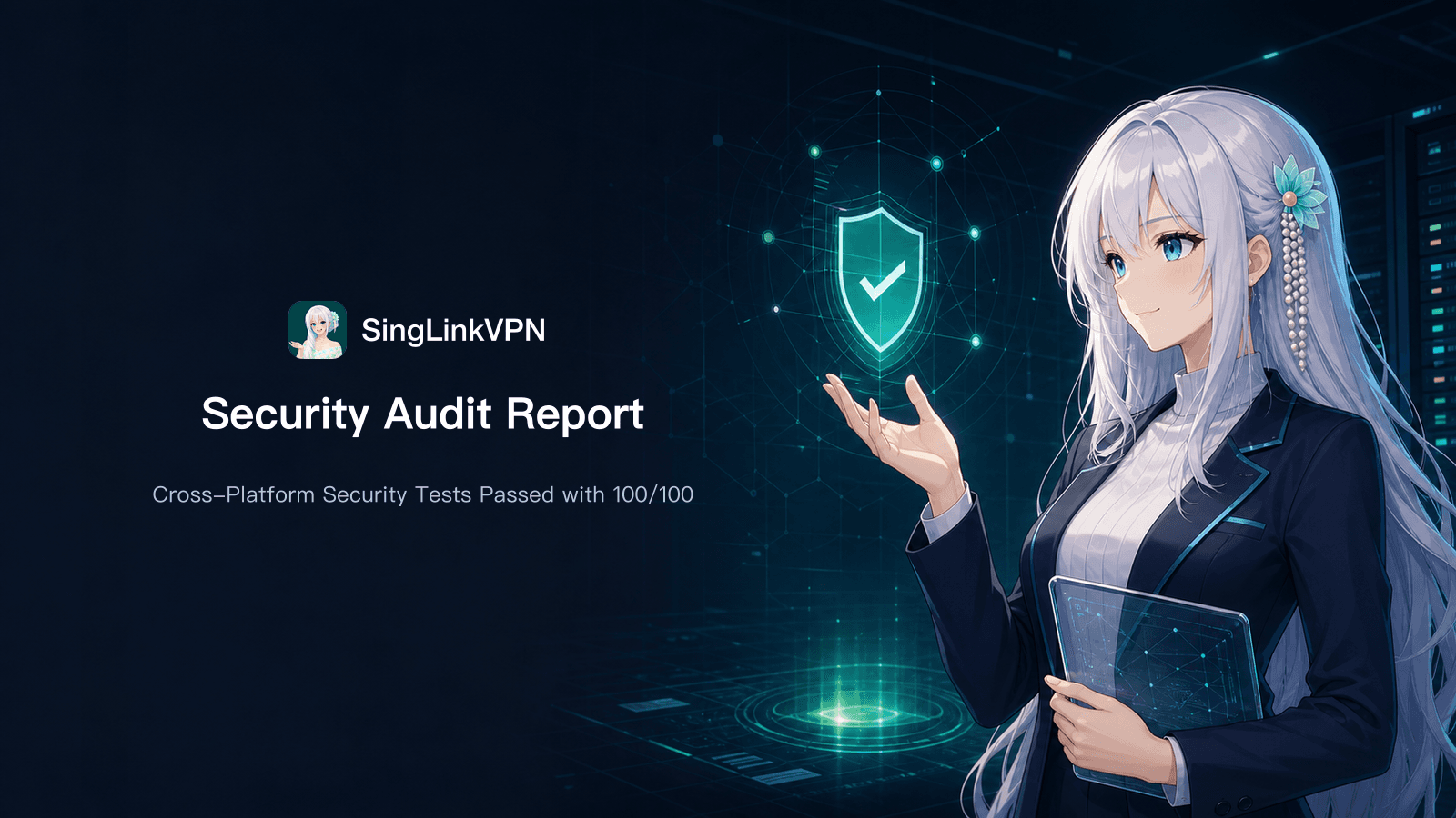 Cover of the 2026 SingLinkVPN third-party security audit report, reporting a 100 out of 100 cross-platform test score