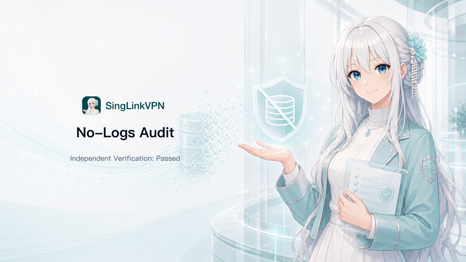 SingLinkVPN 2026 no-logs audit cover showing its silver-white-haired, blue-eyed mascot beside a no-logs shield and dissolving data records