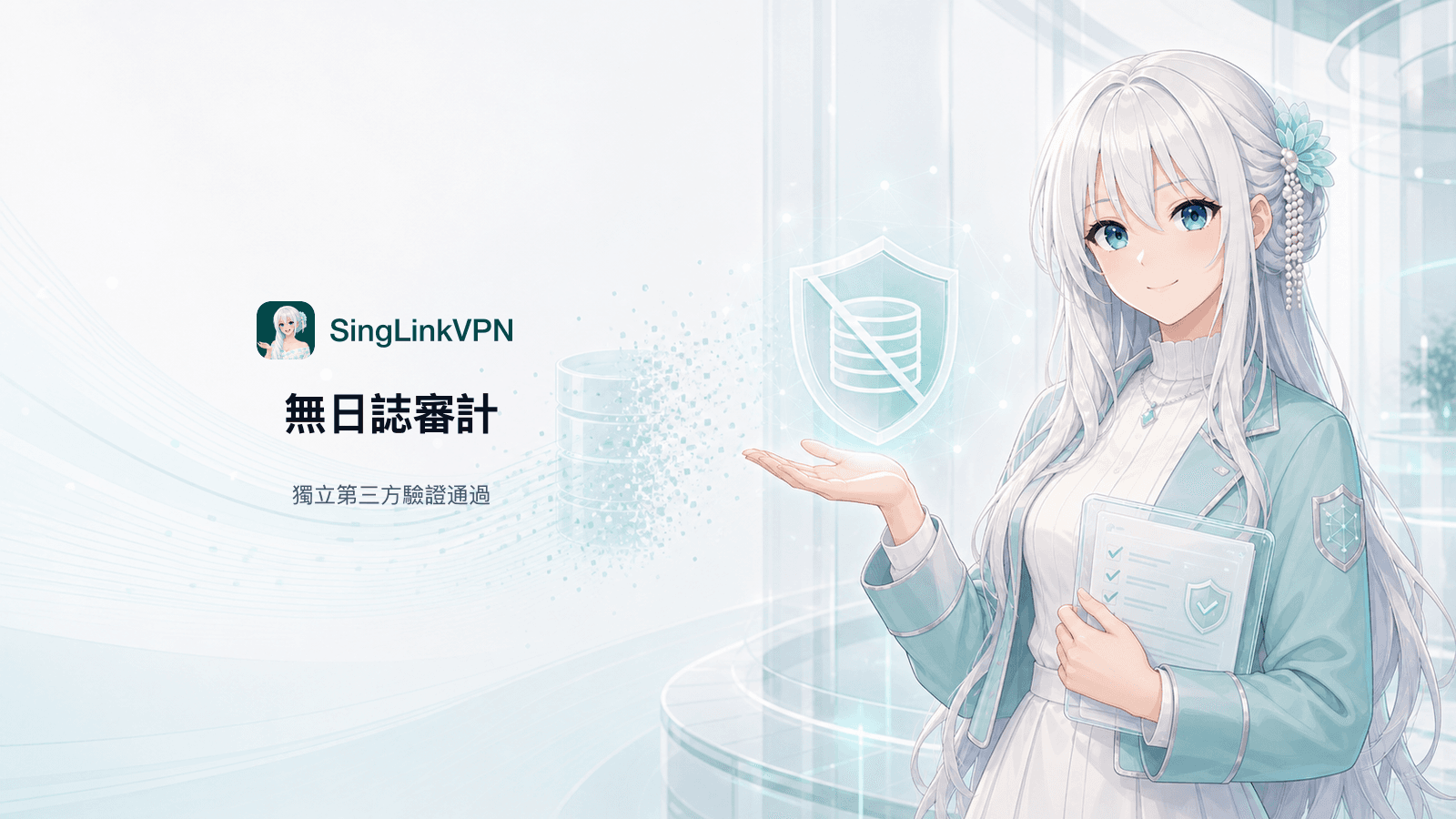 星連VPN 2026無日誌審計封面,銀白長髮藍眼品牌人物在無日誌盾牌及消散的資料記錄旁展示獨立第三方驗證結果