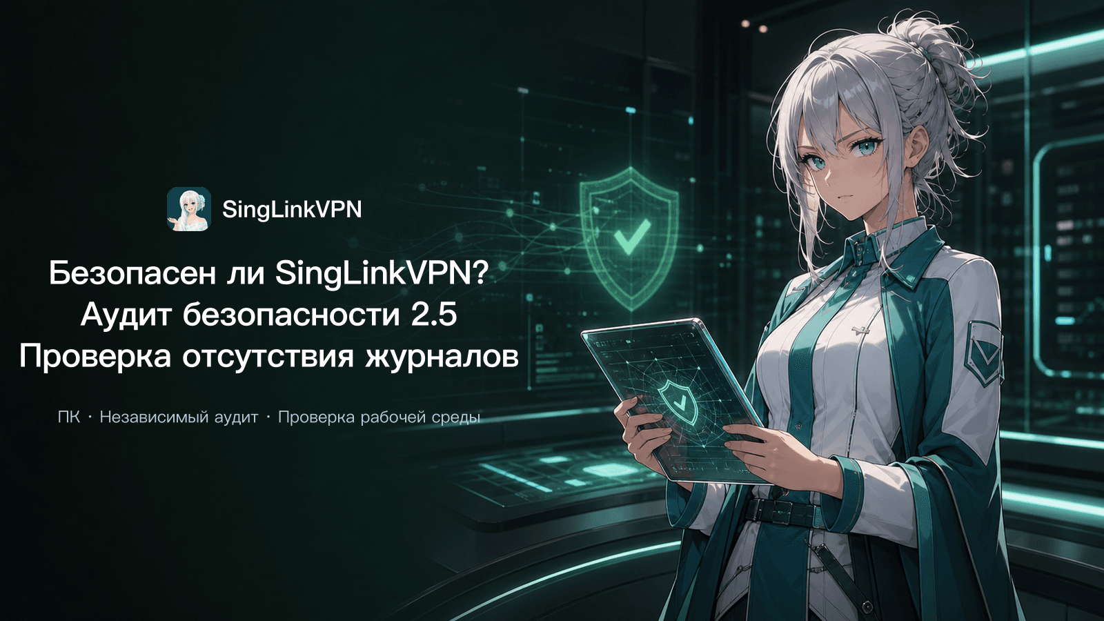 Обложка аудита безопасности и проверки отсутствия журналов SingLinkVPN 2.5: героиня с серебристо-белыми волосами и голубыми глазами изучает результаты рядом со щитом и исчезающими следами данных