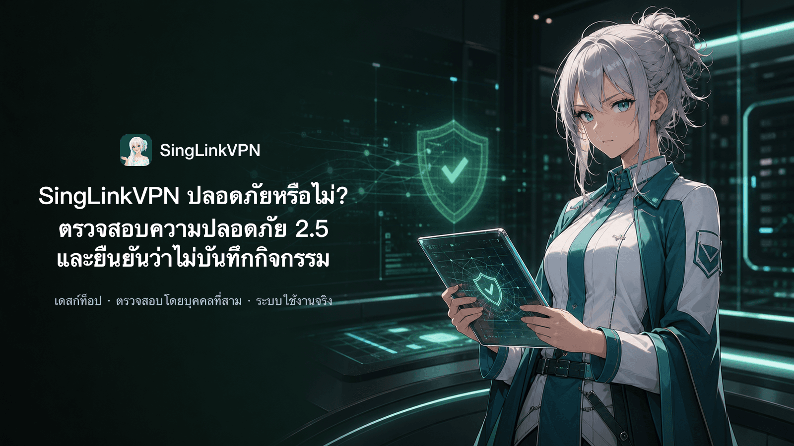 ภาพปกการตรวจสอบความปลอดภัยและยืนยันว่าไม่บันทึกกิจกรรมของ SingLinkVPN 2.5 แสดงตัวละครผมสีเงินขาวตาสีฟ้าตรวจผลข้างโล่ความปลอดภัยและร่องรอยข้อมูลที่กำลังสลาย