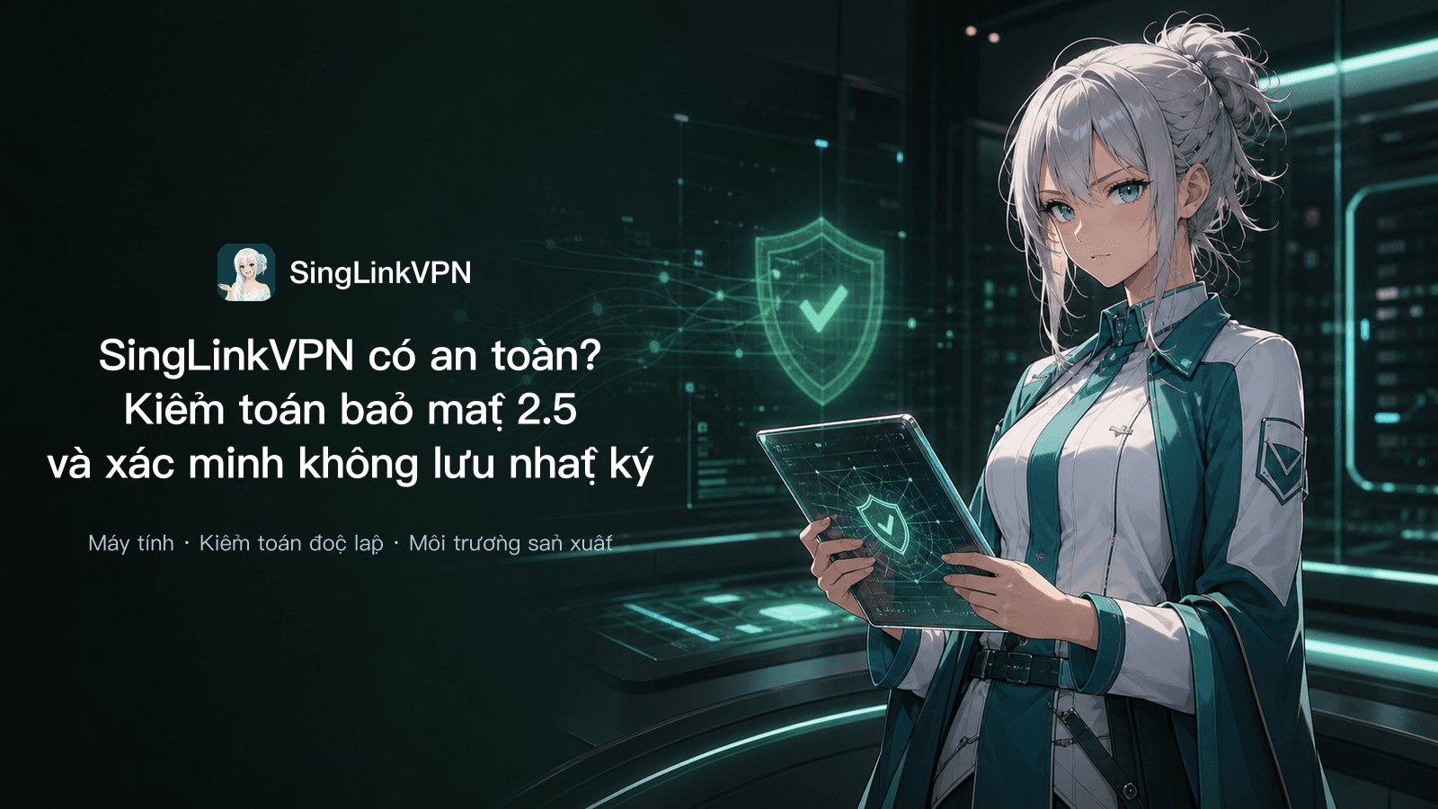 Ảnh bìa kiểm toán bảo mật và xác minh không lưu nhật ký SingLinkVPN 2.5, với nhân vật tóc trắng bạc, mắt xanh xem kết quả bên khiên bảo mật và dấu vết dữ liệu đang tan biến