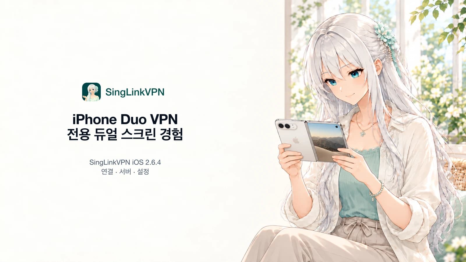 iPhone Duo 출시일부터 지원하는 SingLinkVPN 전용 듀얼 스크린 경험 은발의 브랜드 캐릭터가 펼친 폴더블 휴대폰을 들고 있으며 왼쪽에 SingLinkVPN iPhone Duo 듀얼 스크린 경험 제목이 있는 그림