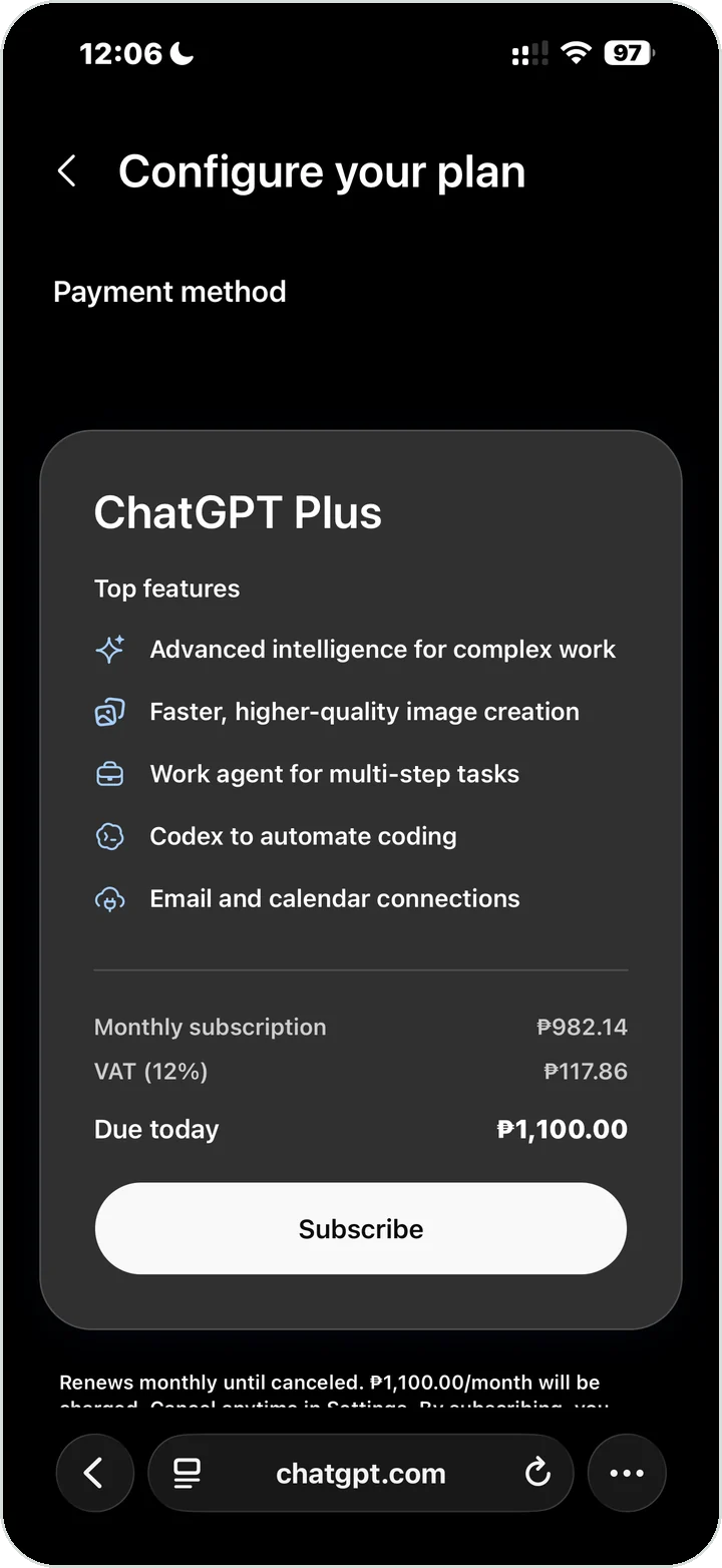 フィリピンペソで表示されたChatGPT Plusの購読ページ フィリピンペソで表示されたChatGPT Plus購読ページの画面全体:月額 ₱982.14、VAT(12%)₱117.86、本日のお支払い ₱1,100.00
