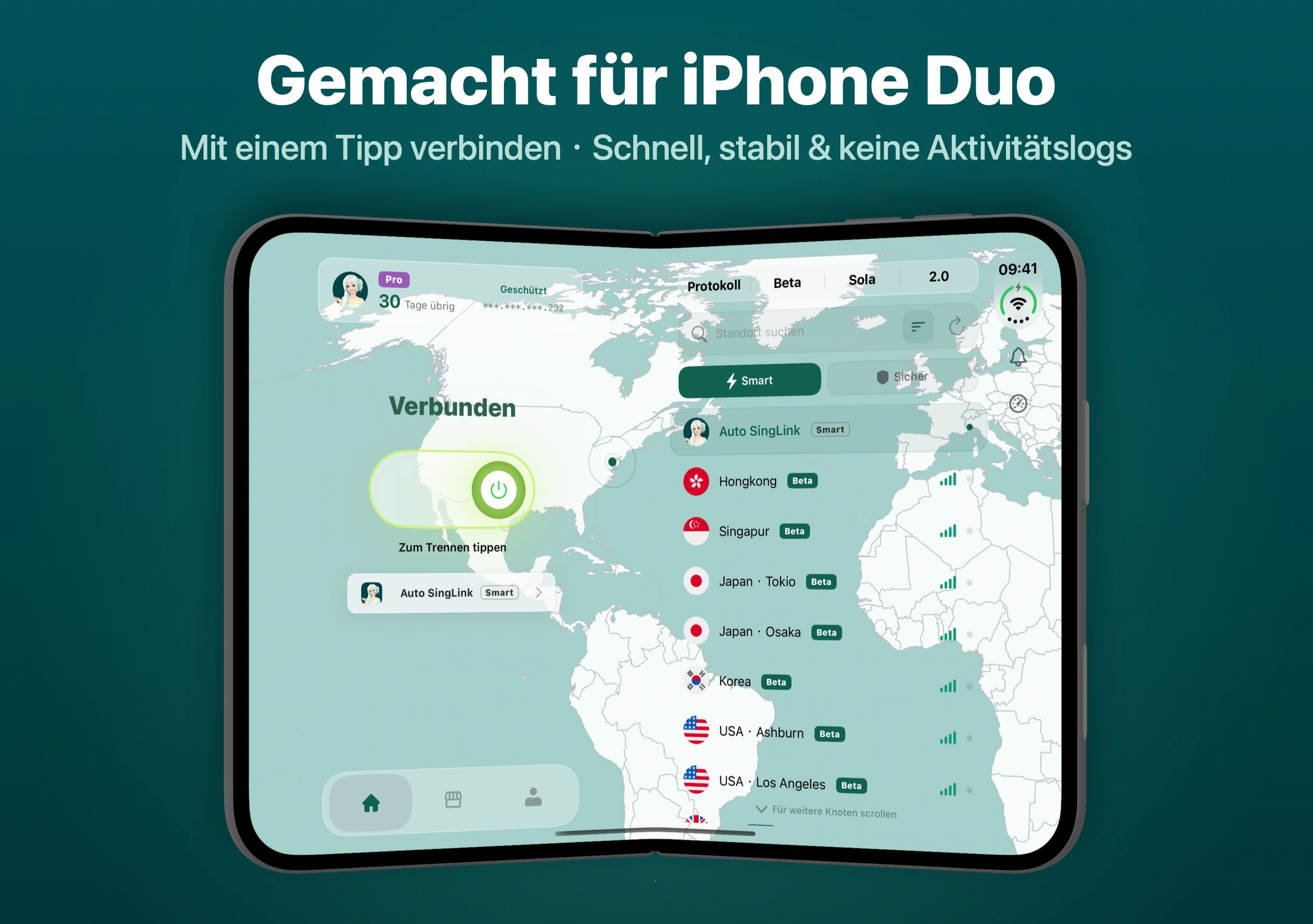 Eigene Dual-Screen-Oberfläche von SingLinkVPN für das iPhone Duo Die eigene SingLinkVPN-Oberfläche für das iPhone Duo zeigt links den Verbindungsstatus und rechts Zugänge zu Knoten und Protokollen