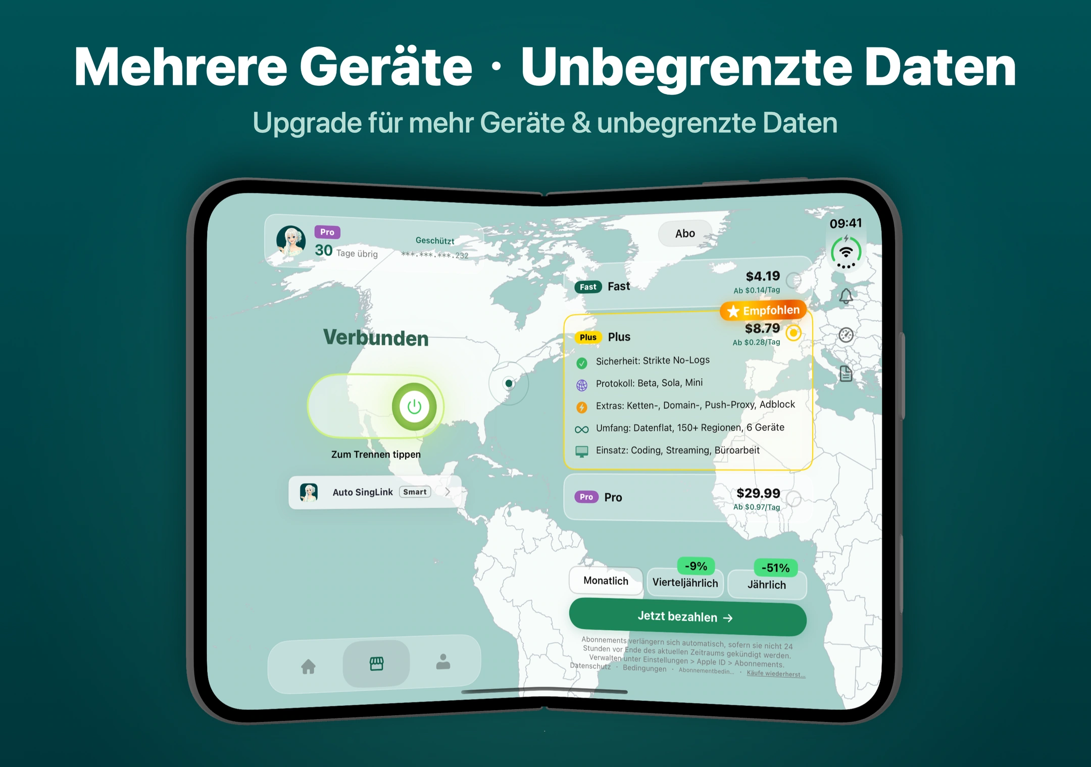 SingLinkVPN-Abonnements auf dem iPhone Duo Die SingLinkVPN-Abonnements Fast, Plus und Pro mit monatlichen, vierteljährlichen und jährlichen Zahlungsoptionen