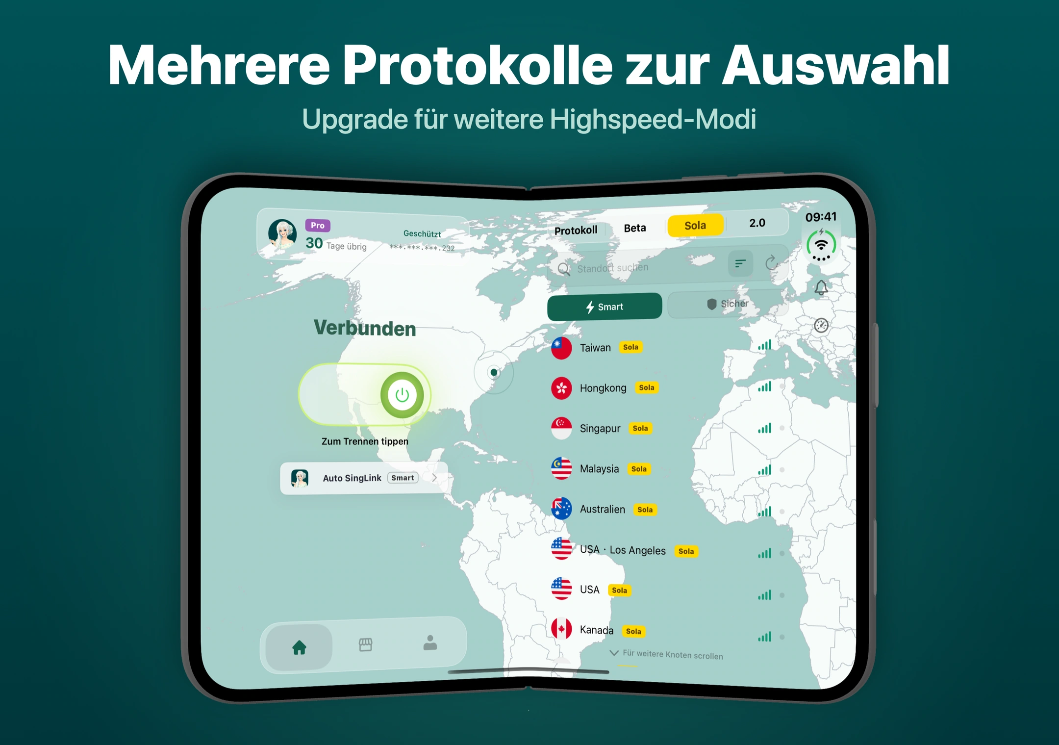 Protokollwahl in SingLinkVPN auf dem iPhone Duo Die SingLinkVPN-Oberfläche nach Auswahl des Sola-Protokolls und die zugehörige Knotenliste