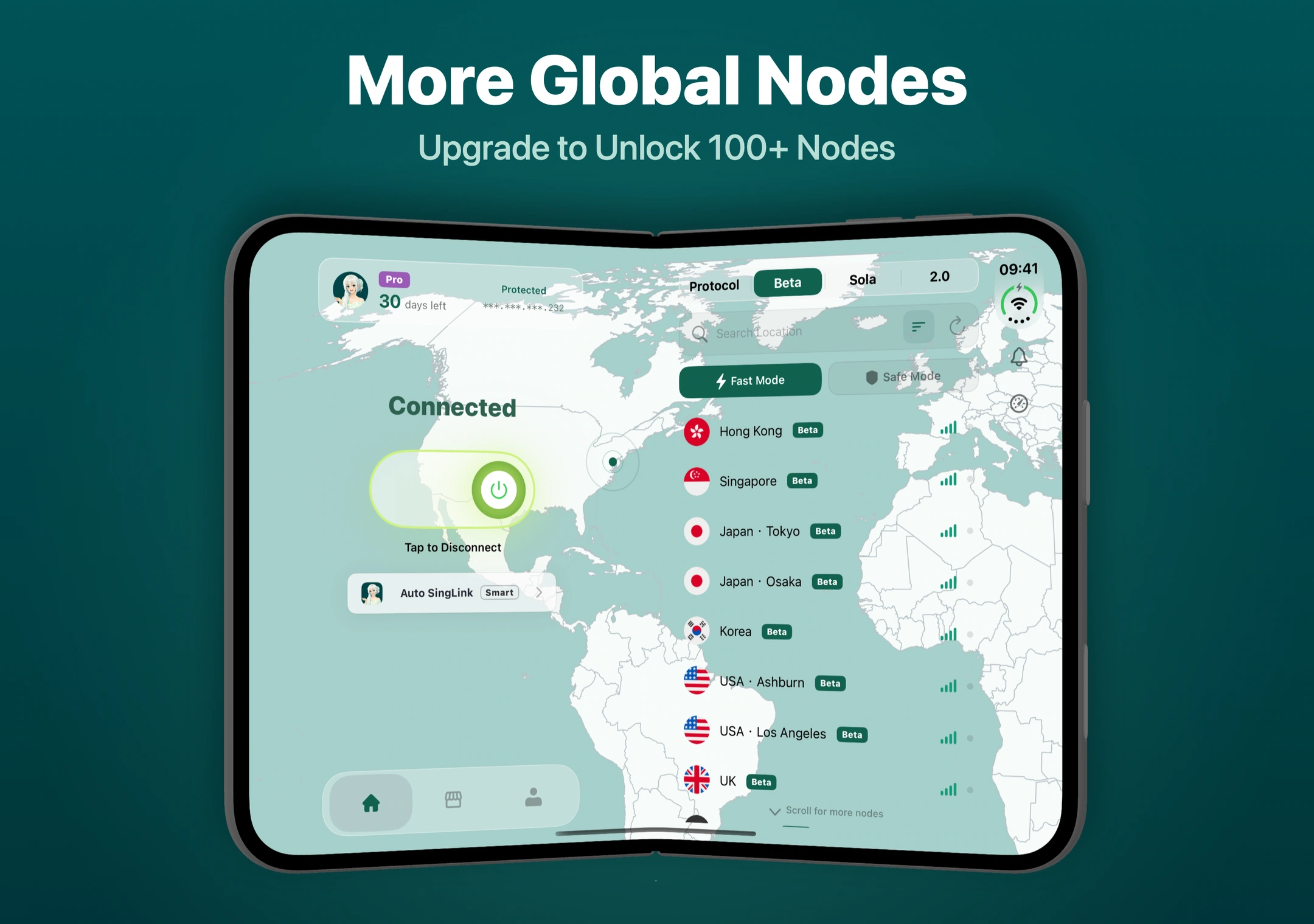 iPhone Duo'da SingLinkVPN küresel düğümleri SingLinkVPN küresel düğüm listesinde Hong Kong, Singapur, Japonya ve ABD gibi bölgeler gösteriliyor