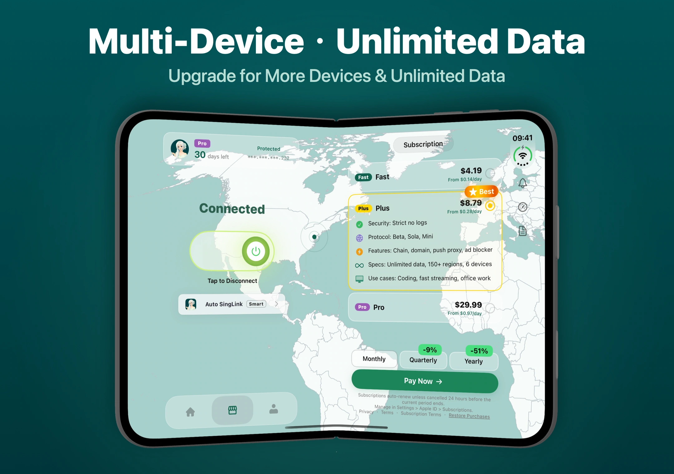 iPhone Duo'da SingLinkVPN abonelik planları SingLinkVPN'in Fast, Plus ve Pro abonelik planları ile aylık, üç aylık ve yıllık ödeme seçenekleri