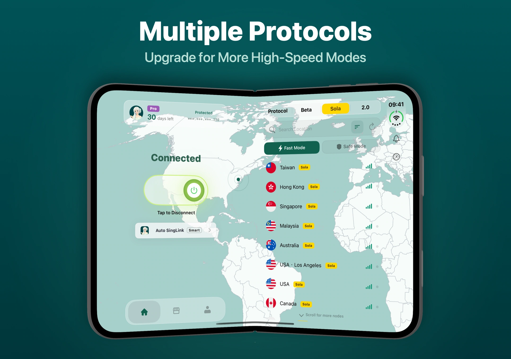 iPhone Duo'da SingLinkVPN protokol seçimi Sola protokolü seçildikten sonraki SingLinkVPN arayüzü ve ilgili düğüm listesi