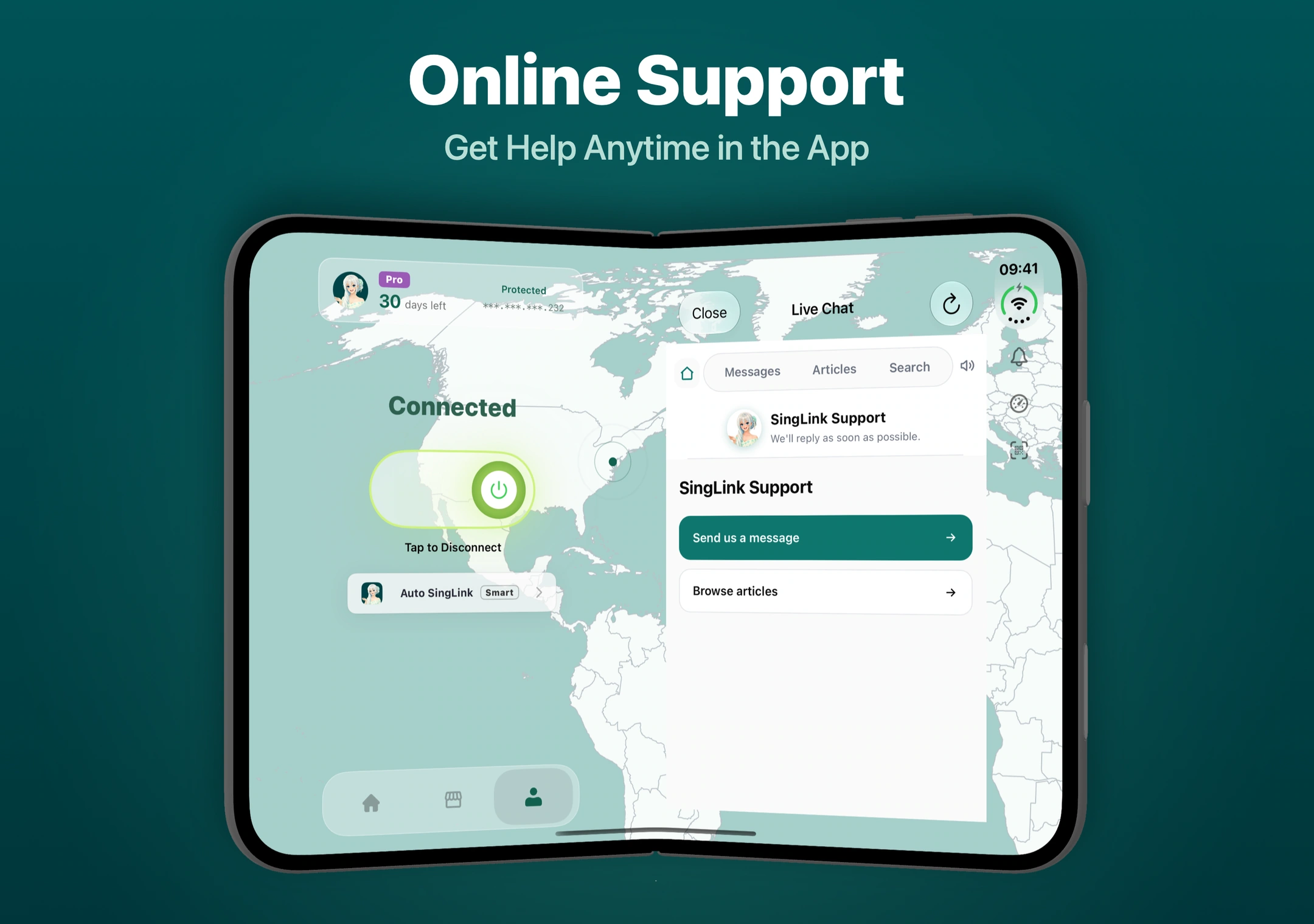 iPhone Duo'da SingLinkVPN çevrimiçi destek SingLinkVPN'in iletişim, yardım belgeleri ve arama girişleri sunan uygulama içi çevrimiçi desteği
