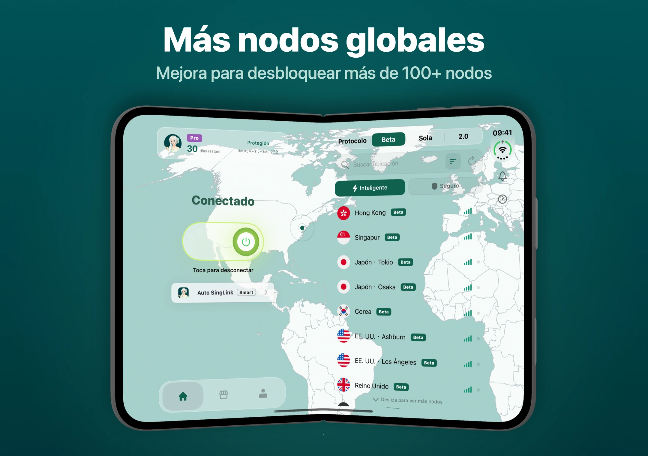 Nodos globales de SingLinkVPN en el iPhone Duo Lista de nodos globales de SingLinkVPN con ubicaciones como Hong Kong, Singapur, Japón y Estados Unidos
