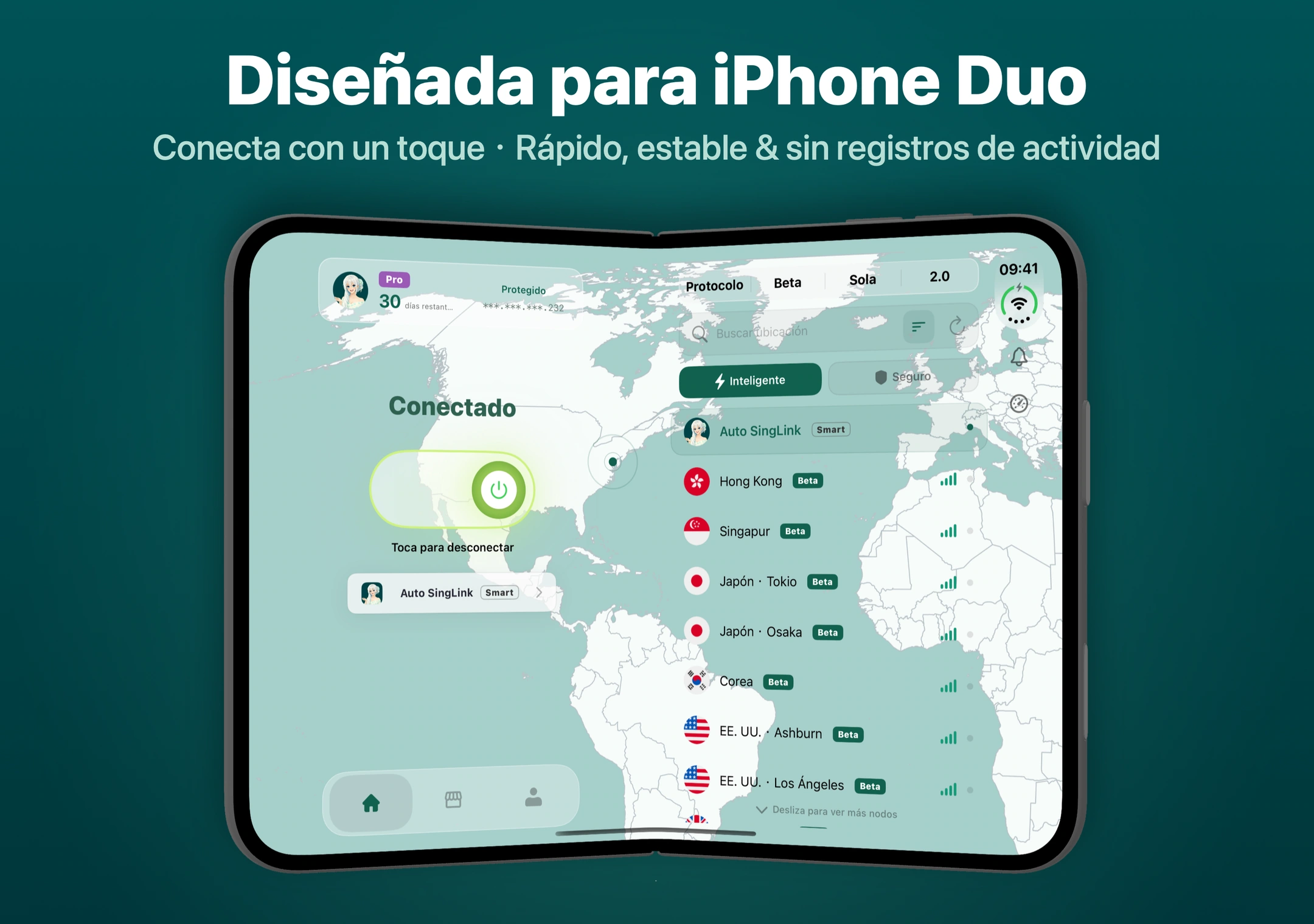 Interfaz de doble pantalla de SingLinkVPN para el iPhone Duo La interfaz de SingLinkVPN para el iPhone Duo muestra el estado de conexión a la izquierda y los accesos a nodos y protocolos a la derecha
