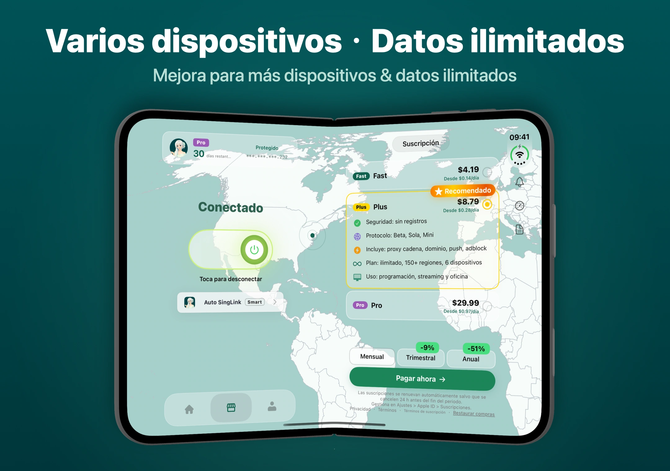 Planes de suscripción de SingLinkVPN en el iPhone Duo Planes Fast, Plus y Pro de SingLinkVPN con opciones de pago mensual, trimestral y anual