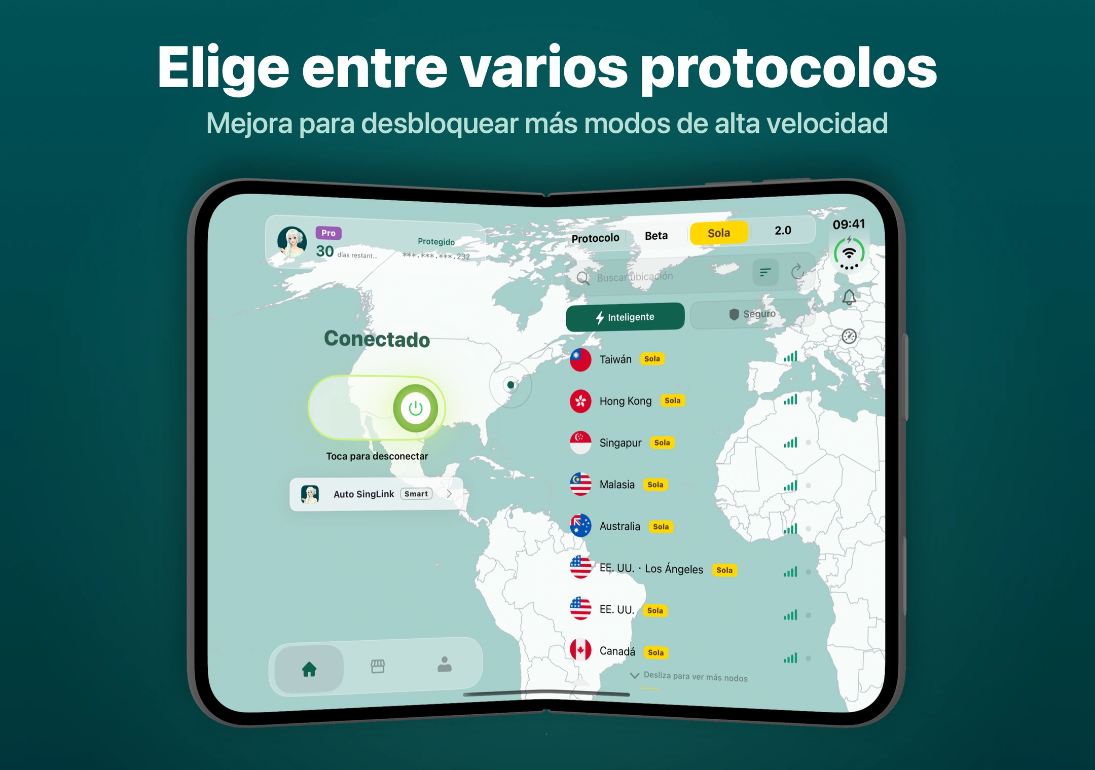 Selección de protocolo de SingLinkVPN en el iPhone Duo Interfaz de SingLinkVPN tras seleccionar el protocolo Sola y su lista de nodos correspondiente