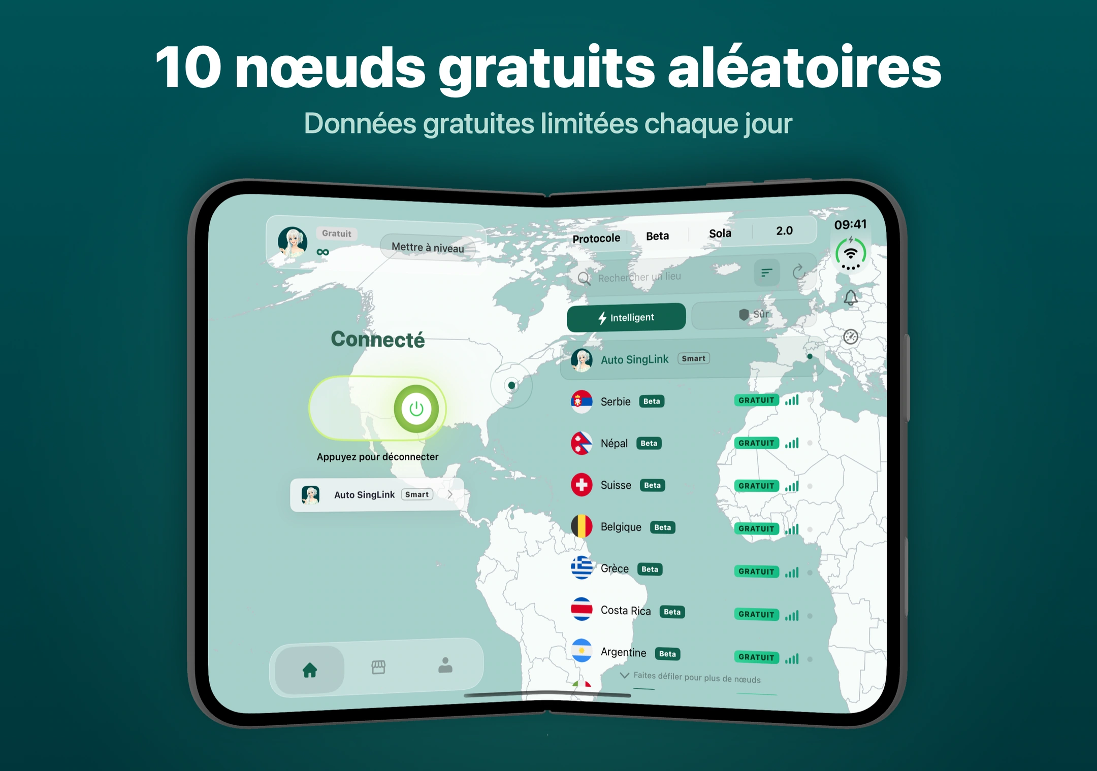 Liste des nœuds gratuits de SingLinkVPN, avec plusieurs nœuds marqués comme gratuits