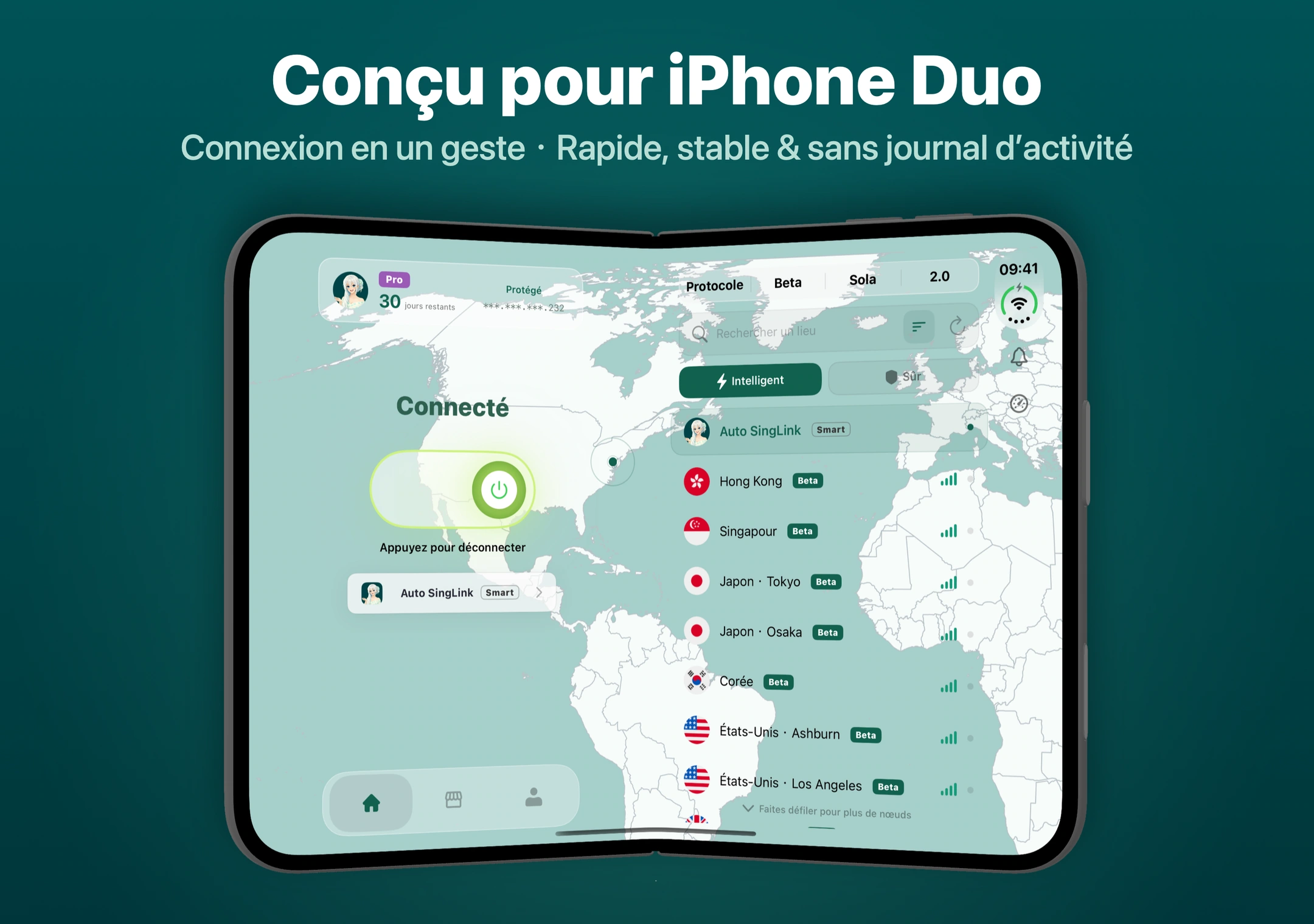 L’interface dédiée de SingLinkVPN sur iPhone Duo affiche l’état de connexion à gauche et l’accès aux nœuds et protocoles à droite
