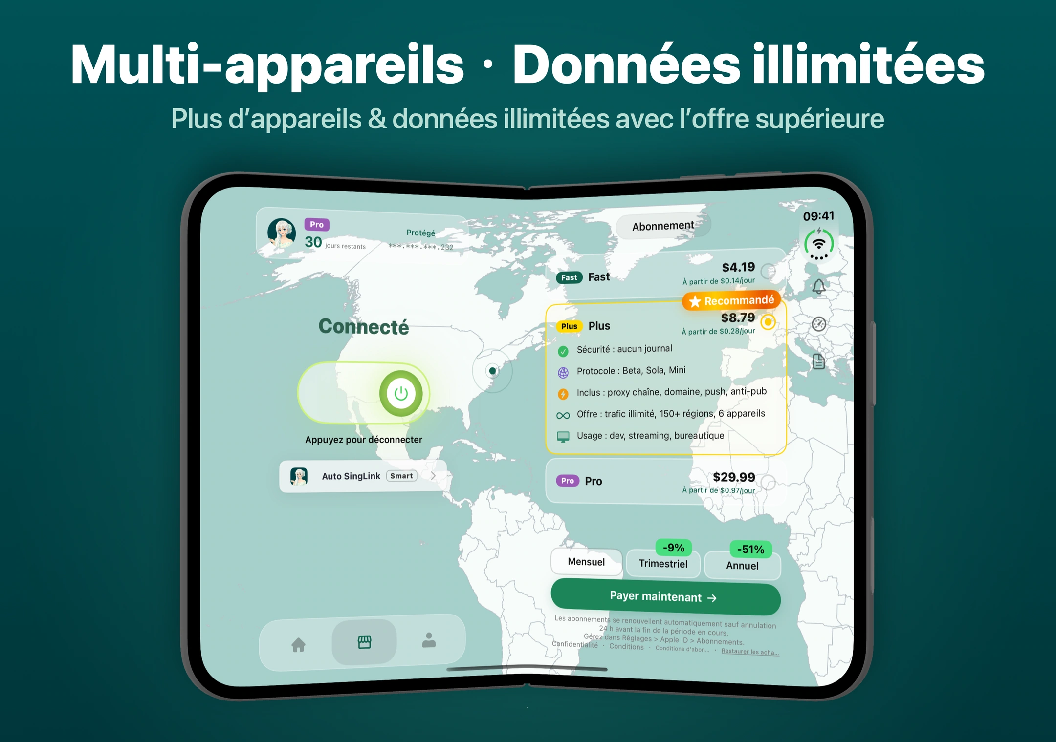 Les abonnements Fast, Plus et Pro de SingLinkVPN avec les options de paiement mensuel, trimestriel et annuel