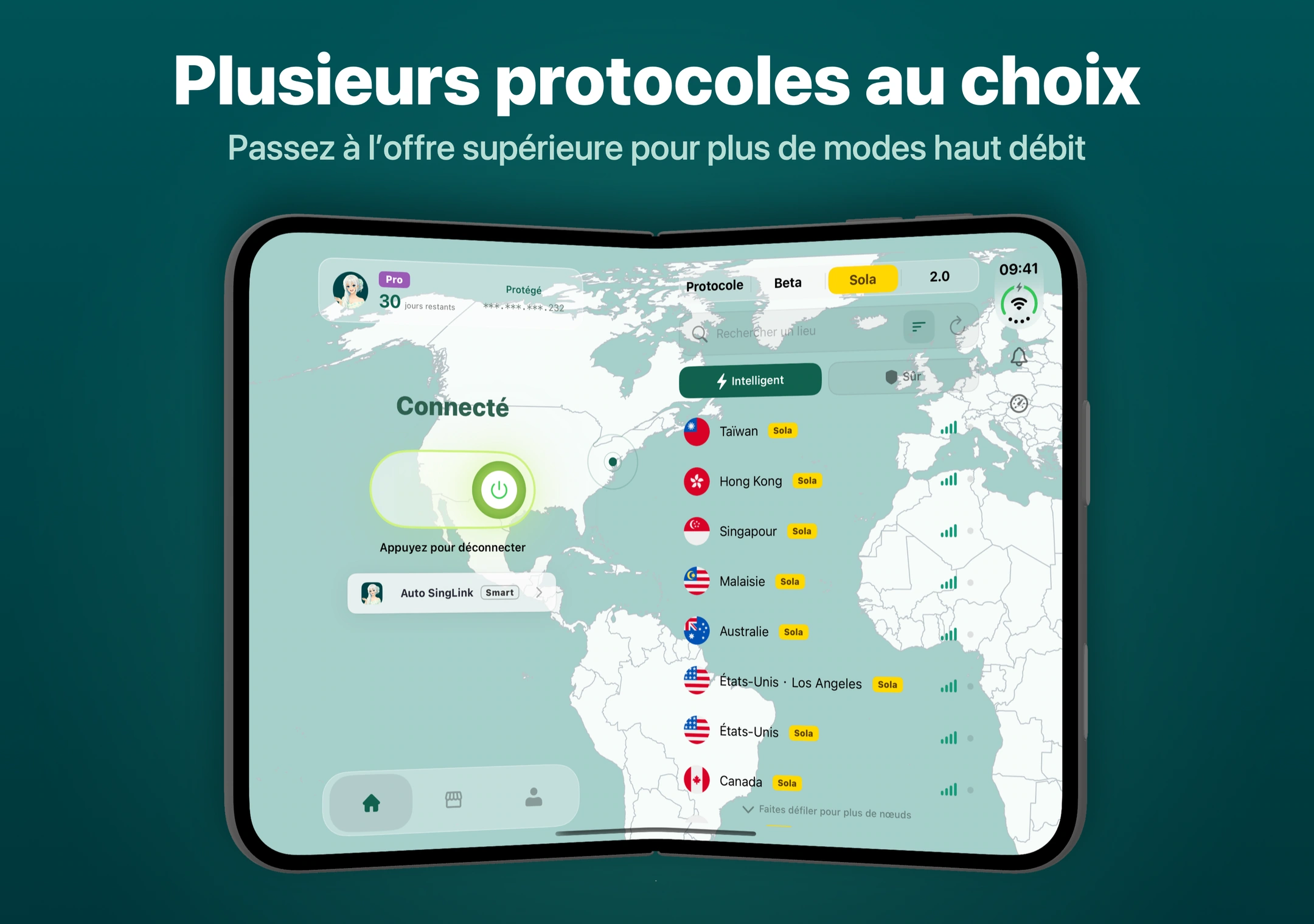 L’interface de SingLinkVPN après la sélection du protocole Sola et la liste de nœuds correspondante