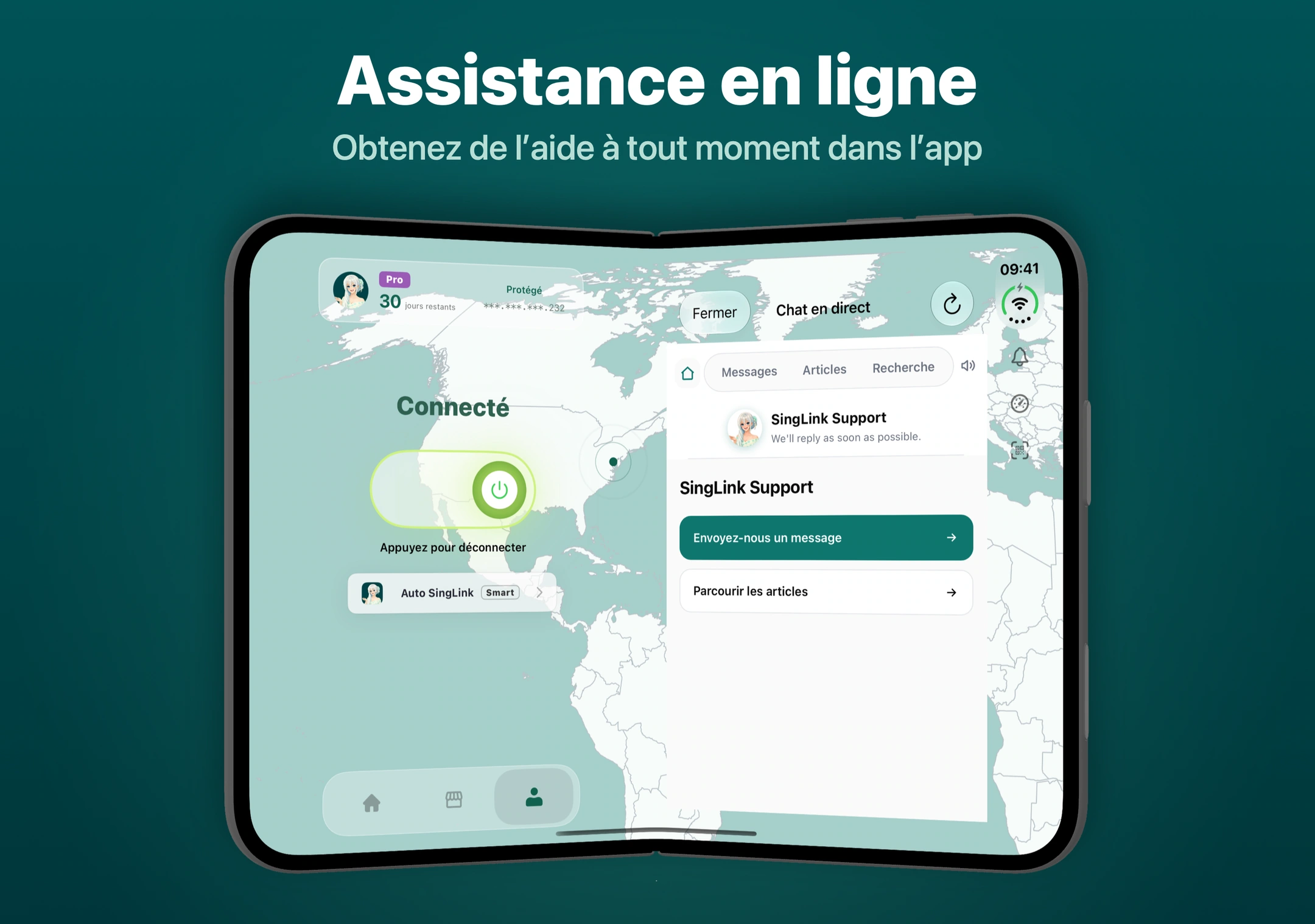 L’assistance en ligne intégrée à SingLinkVPN avec les accès au contact, à la documentation d’aide et à la recherche