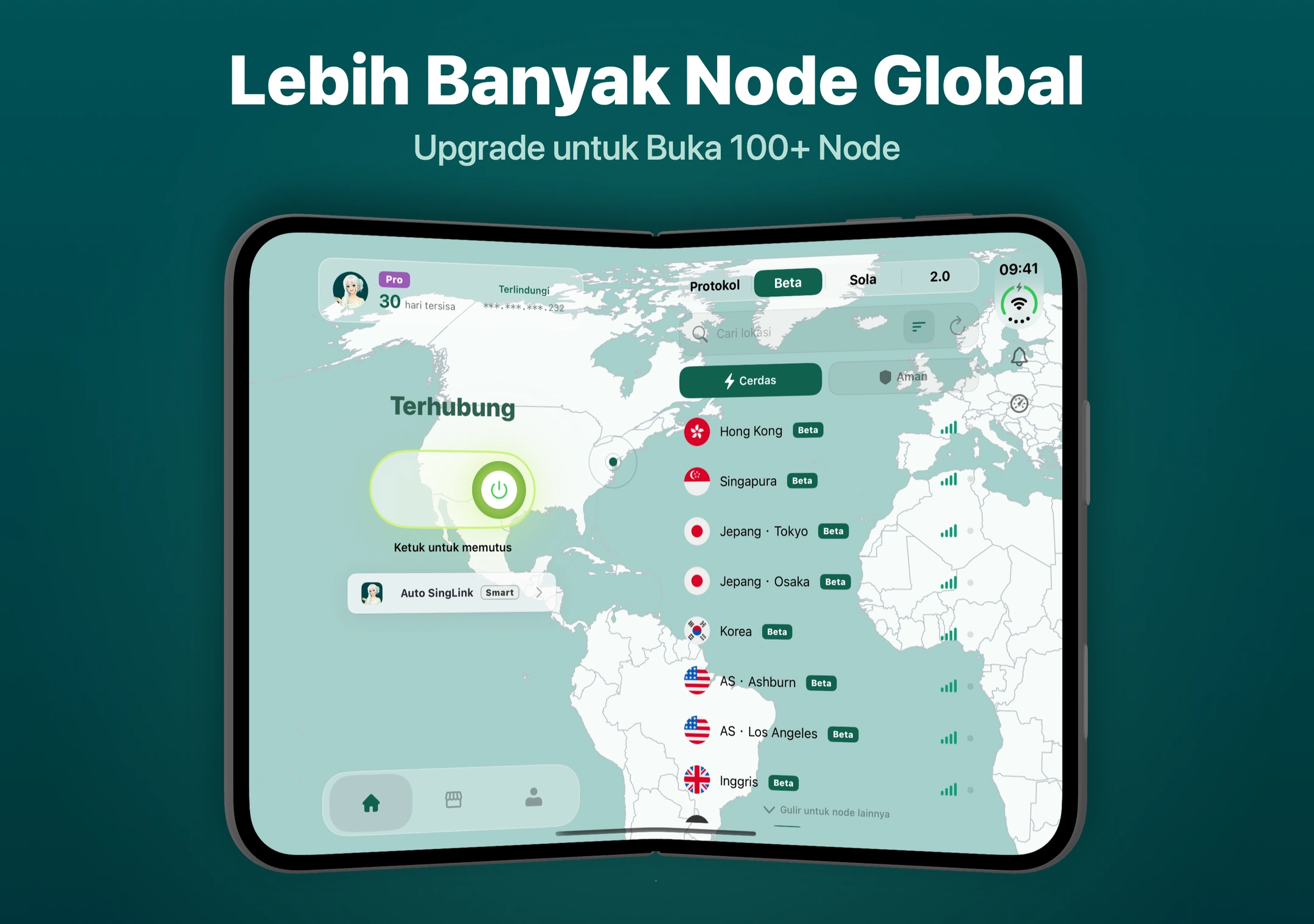 Daftar node global SingLinkVPN yang menampilkan wilayah seperti Hong Kong, Singapura, Jepang, dan Amerika Serikat