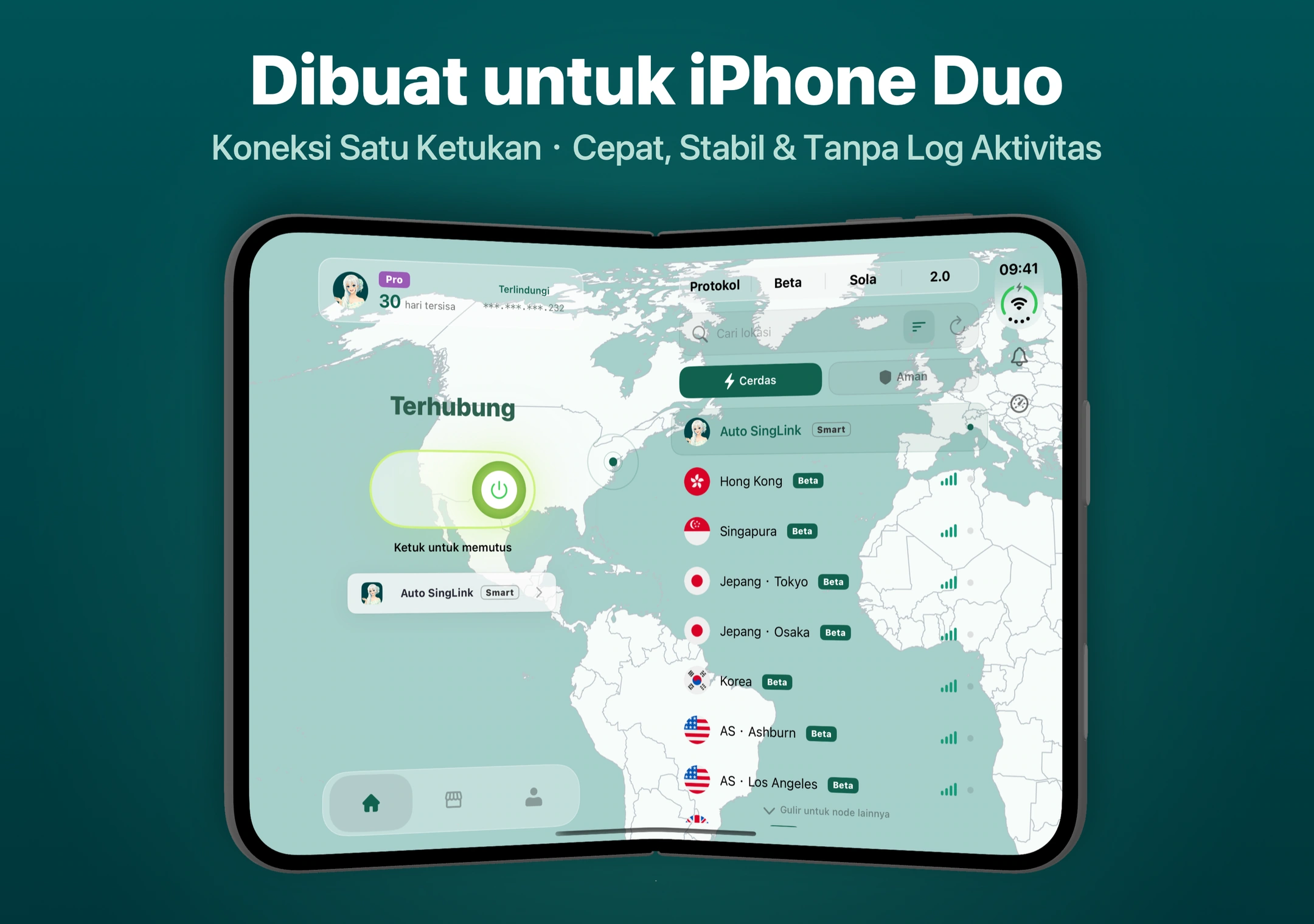 Antarmuka khusus SingLinkVPN di iPhone Duo menampilkan status koneksi di kiri serta akses node dan protokol di kanan
