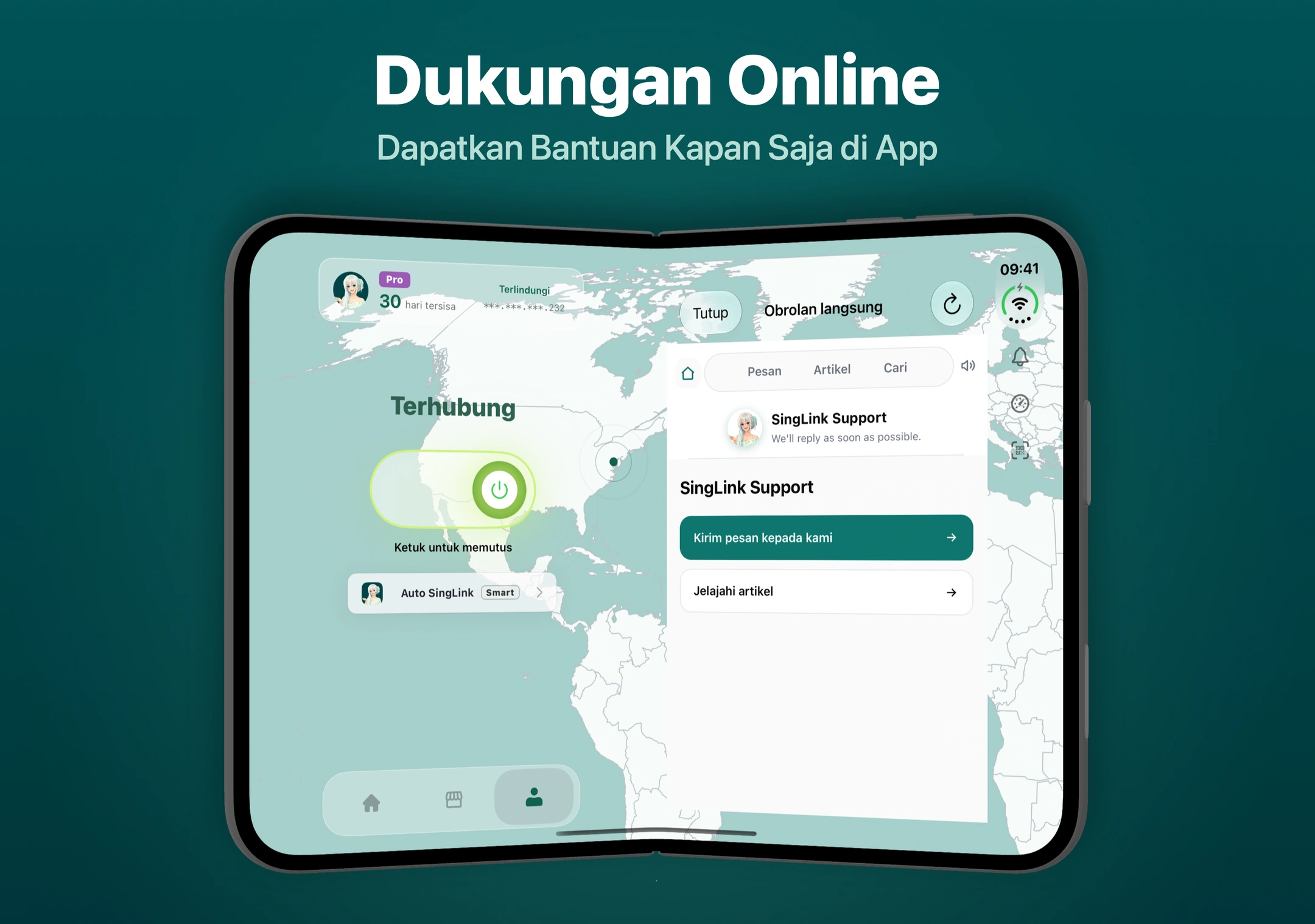 Bantuan daring bawaan SingLinkVPN dengan akses hubungi kami, dokumentasi bantuan, dan pencarian