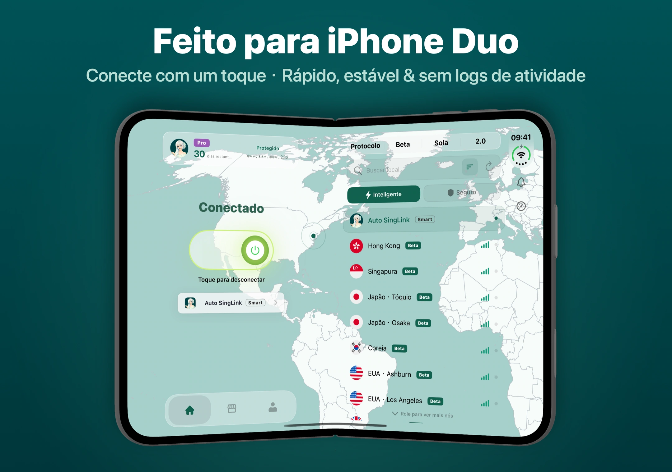 Interface dedicada em duas telas do SingLinkVPN no iPhone Duo A interface dedicada do SingLinkVPN no iPhone Duo mostra o status da conexão à esquerda e os acessos a nós e protocolos à direita