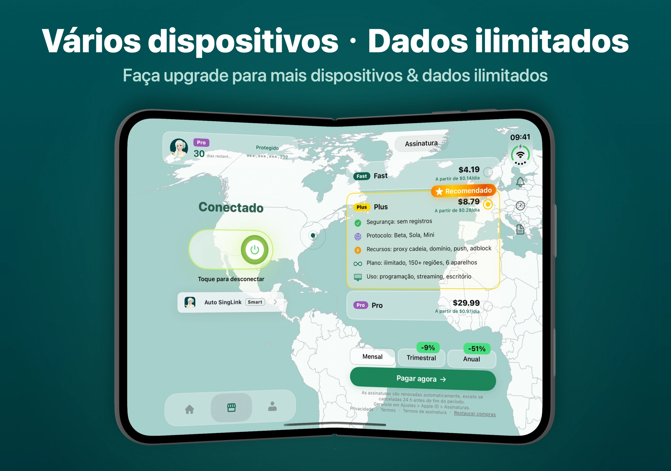 Planos de assinatura do SingLinkVPN no iPhone Duo Planos Fast, Plus e Pro do SingLinkVPN com opções de pagamento mensal, trimestral e anual